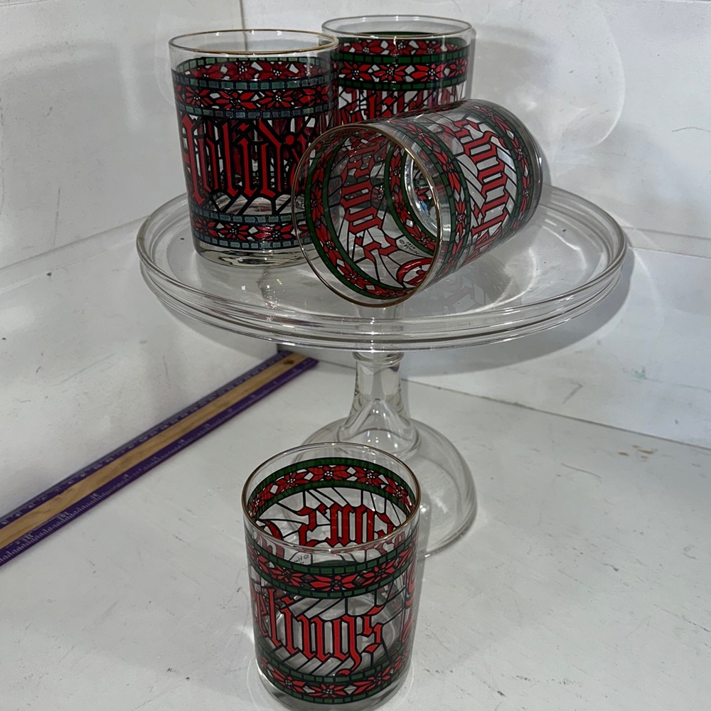 Vntg Houze Christmas stained glass tumblers (set 4)